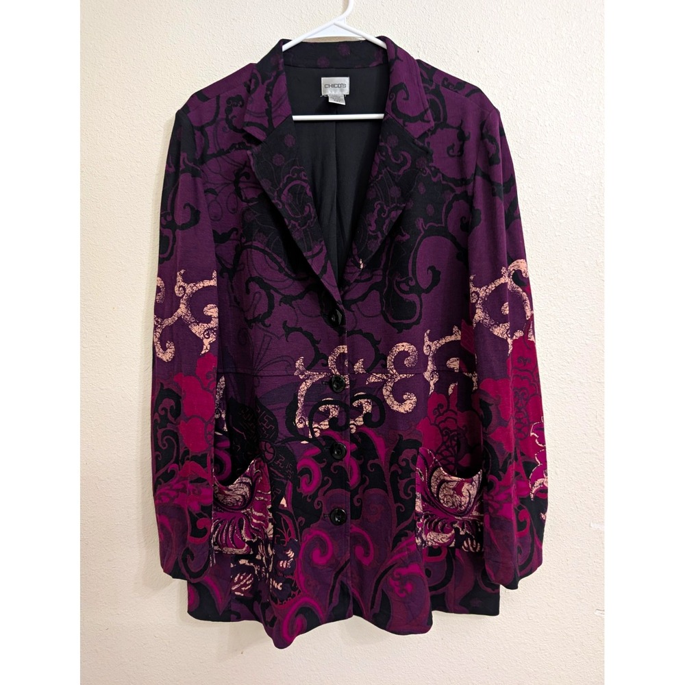 Chico's Women's Size 3 Purple Black Floral Paisley Long Blazer Jacket Artsy
